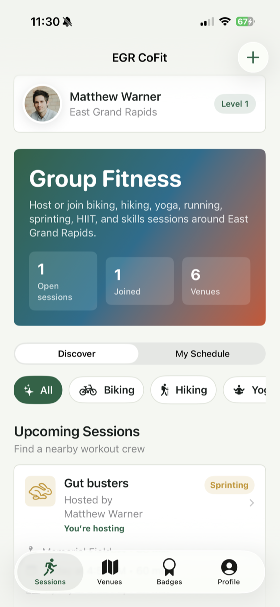 EGR CoFit home screen showing upcoming sessions